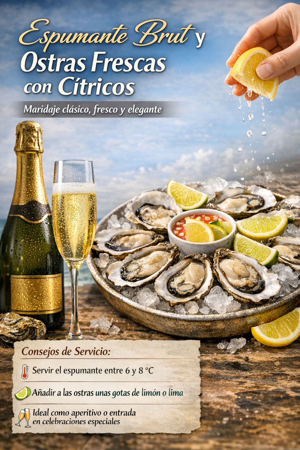 Espumante Brut y ostras frescas con cítricos