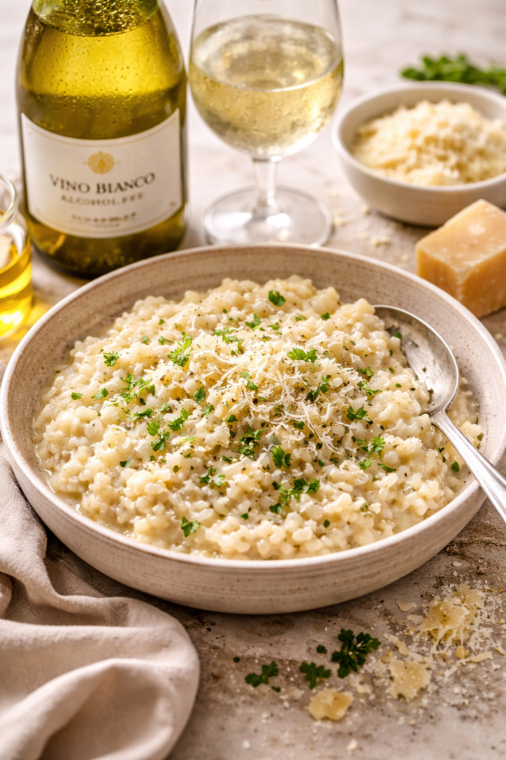 Risotto cremoso con vino blanco sin alcohol y parmesano