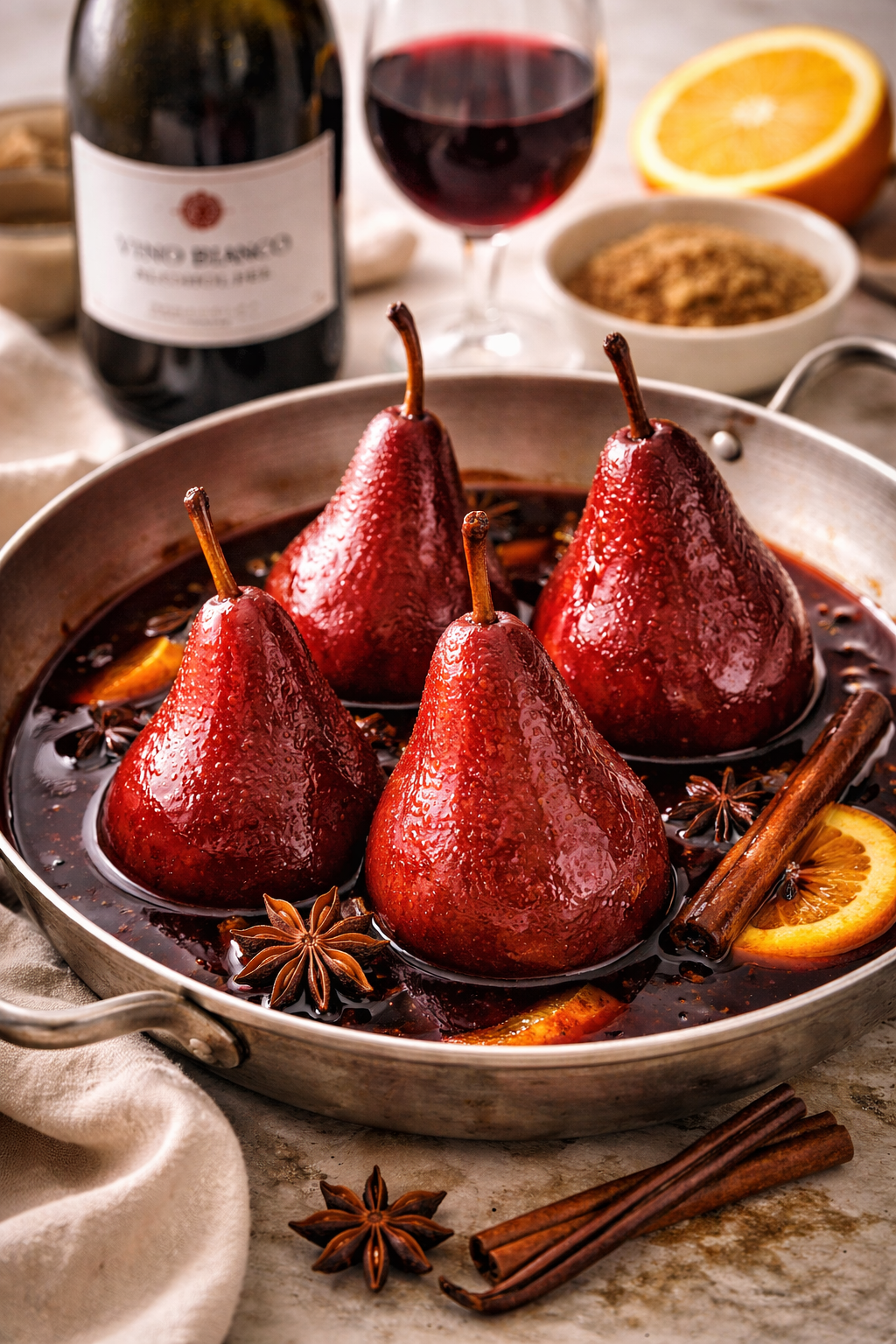 Peras al vino tinto sin alcohol con especias